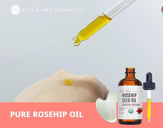 Kate Blanc Cosmetics Rosehip Oil for Face with Stainless Gua Sha (1oz, Organic, Pure, Cold Pressed) Rosehip Seed Face Oil for Gua Sha Massage