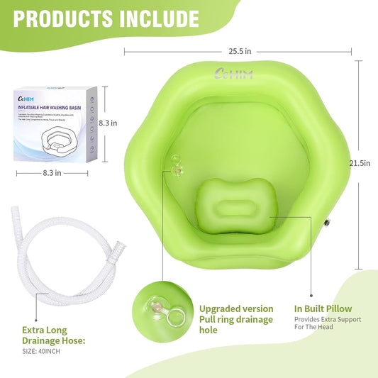 Inflatable Shampoo Basin for Bedridden, Elderly & Disabled - Petal-Shape Large Size, 360° Neck Support, Central Drain Hole with Pull Ring | Leak-Proof PVC Portable Hair Washing Bowl (Green)