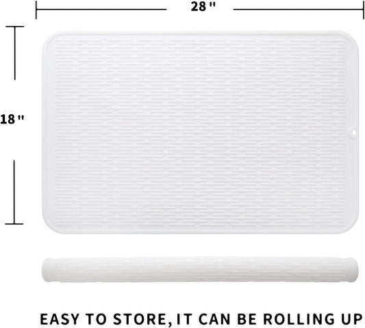 Silicone Dish Drying Mat for Multiple Usage,Easy clean,Eco-friendly,Heat-resistant Silicone Mat for Kitchen Counter or Sink,Refrigerator or Drawer Liner White 3XL 28 inches x 18 inches