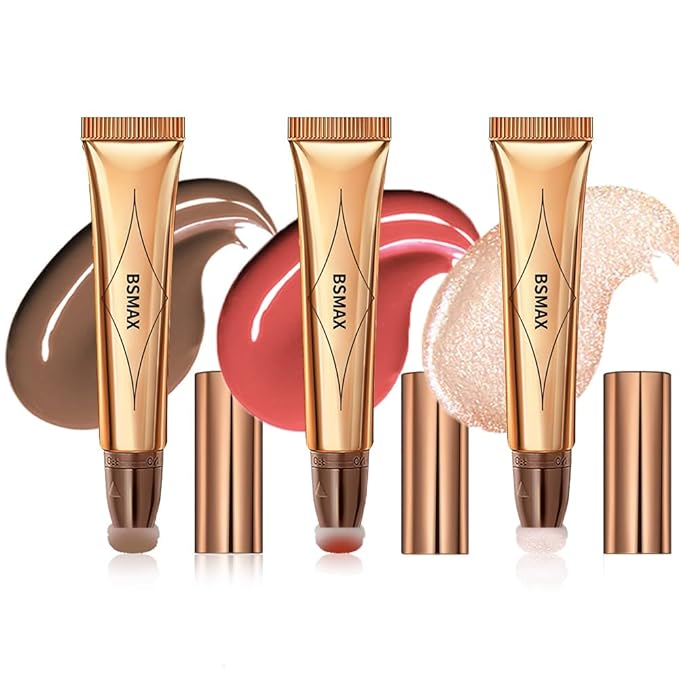 3 Pcs Liquid Contour Beauty Wand Set, Contour & Blush & Highlighter Stick with Cushion Applicator, Attached Easy to Blend, Long Lasting & Smooth Natural Matte Finish (01#03#04)