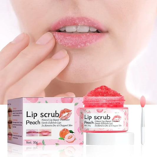 Lip Scrub, Lip Scrubs Exfoliator & Moisturizer,Lip Scrub for Dark Lips,Natural Sugar Lip Scrub with Lip Brush,Repair Cracked Lips,Chapped Lips (Peach)