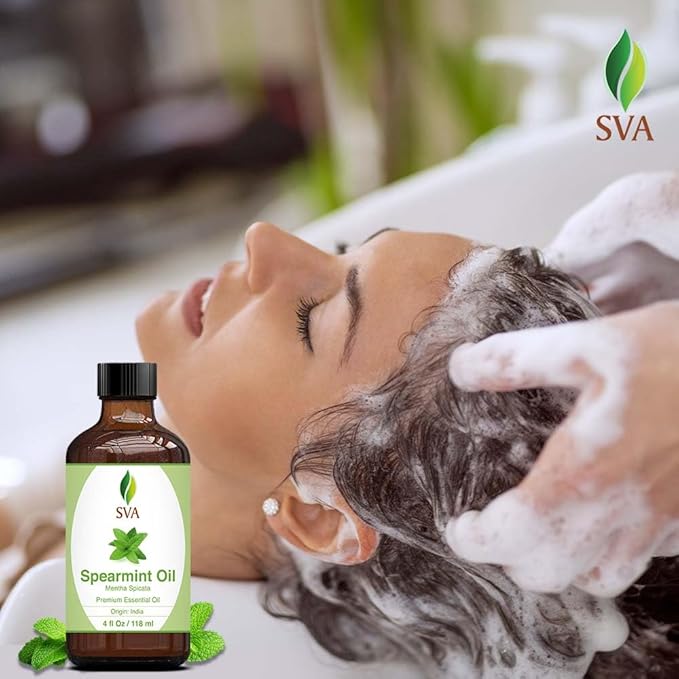 SVA Spearmint Essential Oil – 4 Fl Oz – 100% Natural Spearmint Oil - for Diffuser, Hair Care, Face, Skin Care, Aromatherapy, Scalp and Body Massage, Soap and Candle Making – with Dropper