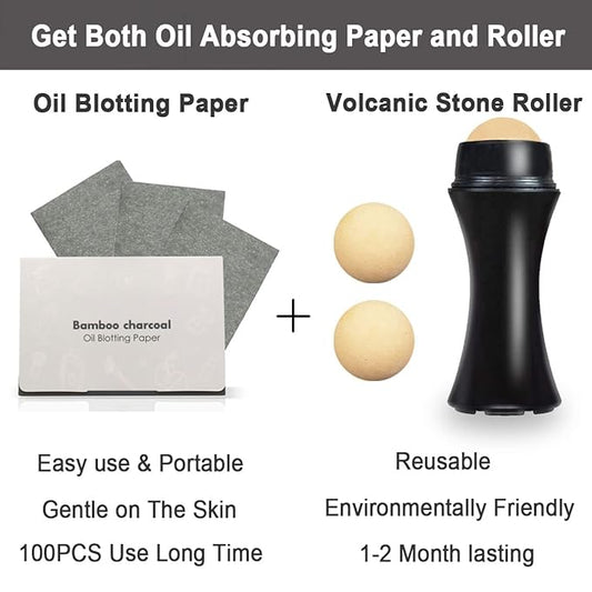 103 PCS Volcanic Roller Oily Skin Oil Control On The Go Volcanic Face Roller Oil Absorbing Volcanic Roller with Oil Blotting Sheet Paper for Oily Skin Care Oil Control Film Tissues(Type1)