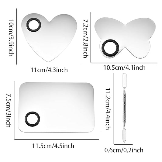 6 in 3 Set Makeup Mixing Palettes, 2 Pcs Stainless Steel Nail Art Palette with 2 Makeup Spatula for Foundation Makeup Tools Eyeshadow Nail Art (4 in 2 Silver Heart Rectangular)