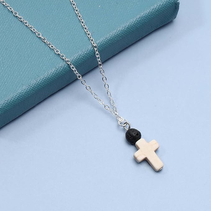 Boho Cross Pendant Necklace Black Lava Bead Choker Necklace Silver Chain Necklace Minimalist Everyday Necklace Jewelry for Women and Girls