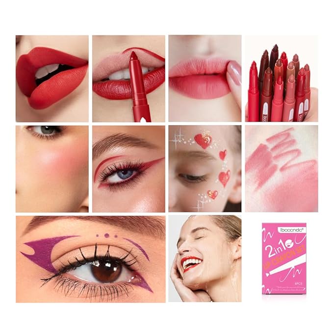 ibcccndc 6PCS Lip Liner and Lipstick Set - High Pigmented Creamy Matte Lip Liner Pencil Set for Girls and Women, Lip Makeup Gift Sets - Includes Nude and Red Lip Liners, Waterproof Formula (A)
