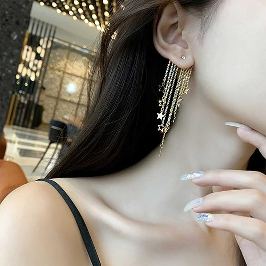 Boho Star Chain Tassel Earrings Gold Star Dangle Earrings Long Chain Drop Earrings Tiny Star Fringe Chain Earrings Jewelry for Women and Girls