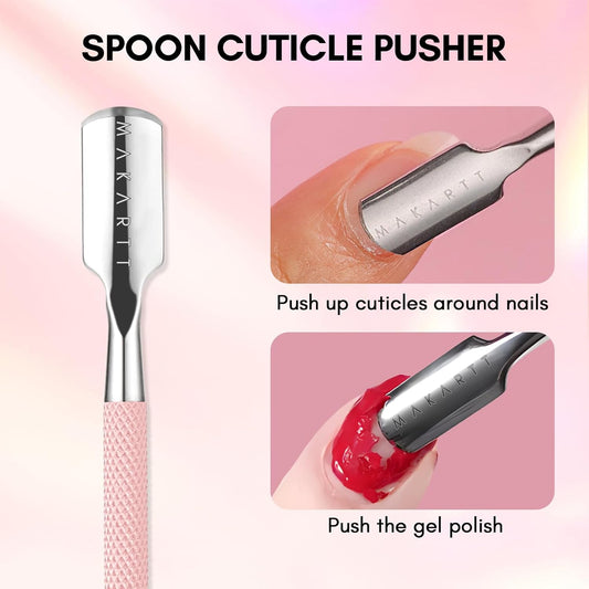 Makartt Cuticle Pusher, Pink Cuticle Remover, Professional Stainless Steel Nail Cleaner Dual Ended Spoon Pusher and Cutter Cuticle Care Nail Prep for Manicure Pedicure Nail Art