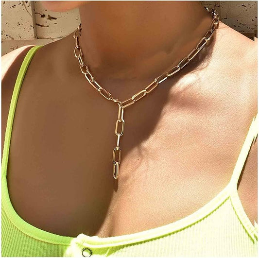 Boho Link Chain Y Necklace Gold Chain Lariat Necklace Chunky Chain Drop Necklace Paperclip Statement Necklace Jewelry for Women