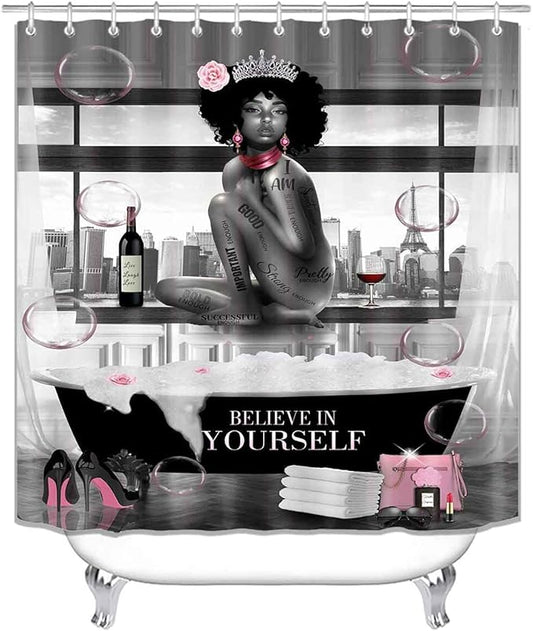 4PCS Sexy Black Girl Shower Curtain Set, Romantic Pink Floral High Heels Bubble Red Wine Afro Lady African American Woman Inspirational Quotes Bathroom Decor, Non-Slip Bath Rugs, Get Naked