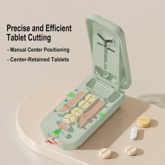 Precision Pill Cutter with Centering Guide - Multi-Angle Tablet Splitter for 1/2, 1/3 & 1/4 Cuts, Includes Pill Crusher & Storage Compartment (Green)