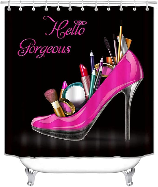4PCS Hello Gorgeous Shower Curtain Set, Hot Pink High Heels Lipstick Makeup Fashion Girls Women Bathroom Decor, Waterproof Fabric Black Shower Curtain, Non-Slip Bath Mat Toilet Rug, Hot Pink