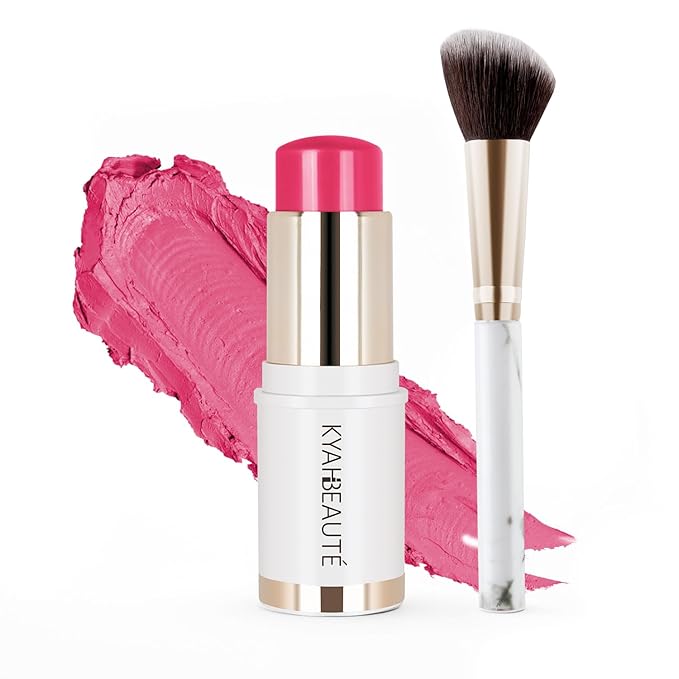 Blush Stick, Cream Blush for Cheeks and Lip Tint, Dewy Finish, Buildable & Blendable Color, Lightweight & Long-Lasting Formula | Forelsket-Cool Pink & Angled Blush Brush(0.53fl.oz)