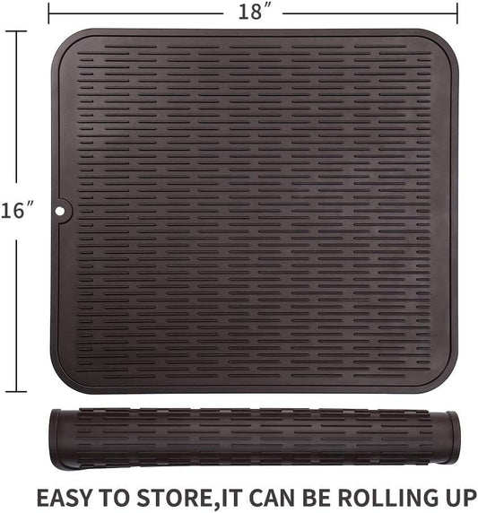 Silicone Dish Drying Mat for Multiple Usage,Easy clean,Eco-friendly,Heat-resistant Silicone Mat for Kitchen Counter or Sink,Refrigerator or Drawer Liner Coffee XL 18 inches x 16 inches