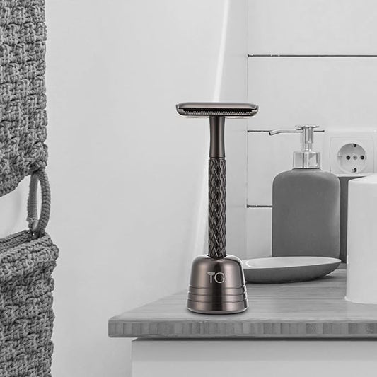 Double Edge Safety Razor for Men with Stand and Silicone Cover - Durable Metal Eco-Friendly Single Blade Safety Razor with 10 Blades - Closed Smooth Shave Matte Black