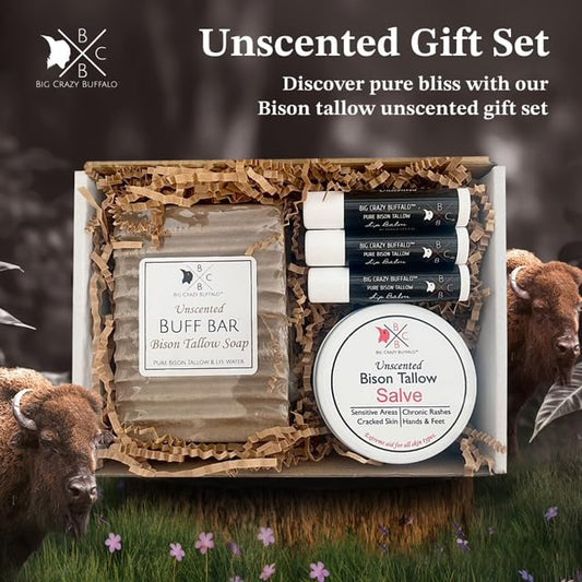 Pure Bison Tallow Unscented Gift Set - Buff Bar, Salve, & 3 Unscented Lip Balms - Cleans, Moisturizes, Soothes, Naturally Derived - No Dyes, Chemicals, Fragrances, or Preservatives