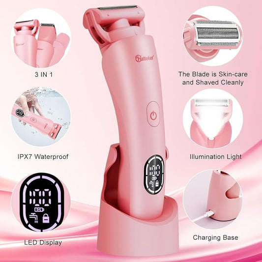 Hatteker Women's Electric Shaver Bikini Trimmer Hair Trimmer for Women LED Display Electric Razor for Legs Bikini Underarm Public Hairs Led Display IPX7 Waterproof Gift for Women (Pink)
