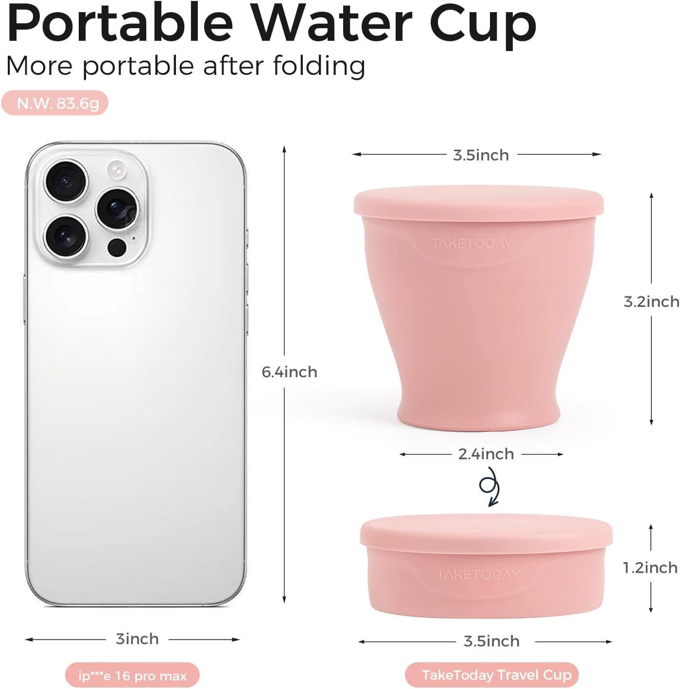 TakeToday Collapsible Travel Cup - Silicone Foldable Water Cup, BPA-Free with Lid & Waterproof Bag - Drinking Cup Set for Camping, Outdoors & International Travel(8 Oz, Lowcountry Peach)