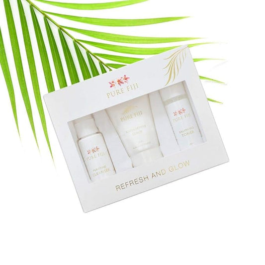Pure Fiji Refresh and Glow - Facial Travel Kit - Sulphate-Free Purifying Cleanser (30 ml), Balancing Alcohol-Free Toner (30 ml), Fruit Enzyme Exfoliating Scrub (30 ml)
