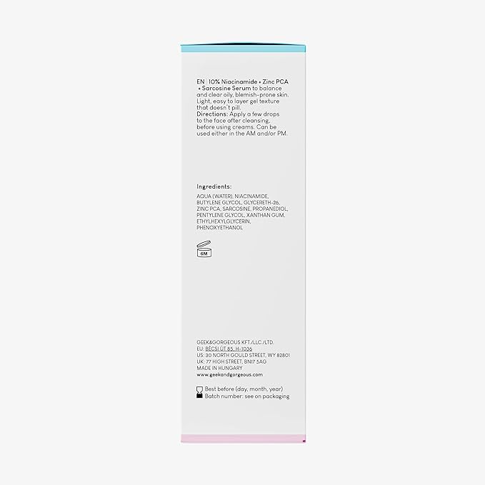 Geek & Gorgeous - B-Bomb - 10% Niacinamide Serum, Zinc PCA & Sarcosine, helps enlarged pores, oiliness and blemishes, combination skin, 1 oz