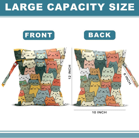 2Pcs Cat Wet Bag 12x10 Inch, Funny Cats Waterproof Reusable Wet Dry Bag, Washable Travel Laundry Bags for Swimsuit Pool Travel Beach Diapers Dirty Yoga Gym Clothes, Cat Gifts for Women Friend Family