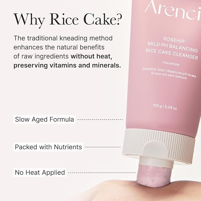 Rosehip Rice Cake Cleanser, pH Balancing Face Wash with Ceramide for Sensitive Skin, 5.29 oz