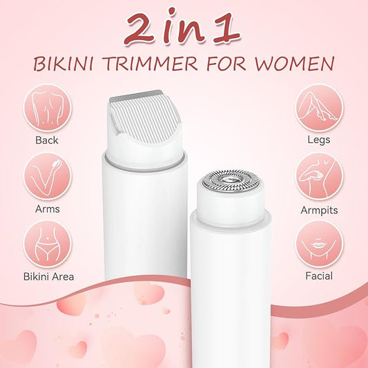 Bikini Trimmer for Women - 2 in 1 Electric Body Hair Trimmer for Silky Skin, Cordless Body Shaver for Travel, IPX7 Waterproof & Easy to Clean, Replaceable Ceramic Blade Heads (White)