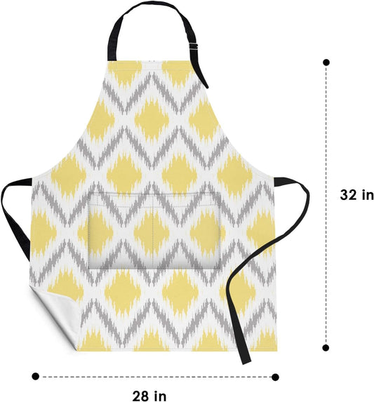 2 Pack Aprons, Dahlia Geometric Plaid Chevron Adjustable Bib Aprons with 2 Pockets for Women Men Couple Lovers Chef Home Kitchen Cooking Baking Gardening Grey Yellow Flowers Apron 32x28 Inches