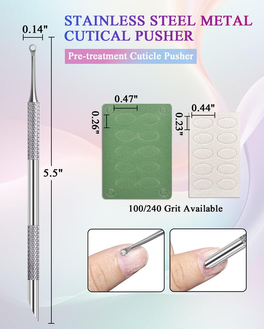 Loop Cuticle Pusher, Pre-treatment Cuticle Pusher, Stainless Steel Round Cuticle Pusher with 100#/240# Grit Nail Files and 1p Storage Bags, For Salon & Home Use