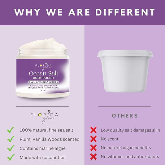 Sea Salt Body Scrub by Florida Suncare - Ocean Salt Body Polish Infused with Marine Algae - Exfoliating Face and Body Scrub -Facial Scrub Exfoliator to Tackle Acne, Scars (Plum & Vanilla Woods, 3.3oz)