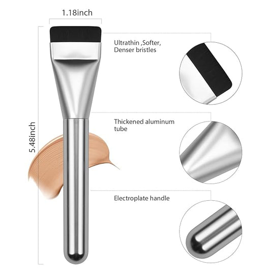 2Pcs Flat Foundation Brush,Face Mask Brush Makeup Spatula Facial Brush for Liquid Foundation Mask,Premium Face Korean Makeup Brush for Blending Cream (Silver&Silver)
