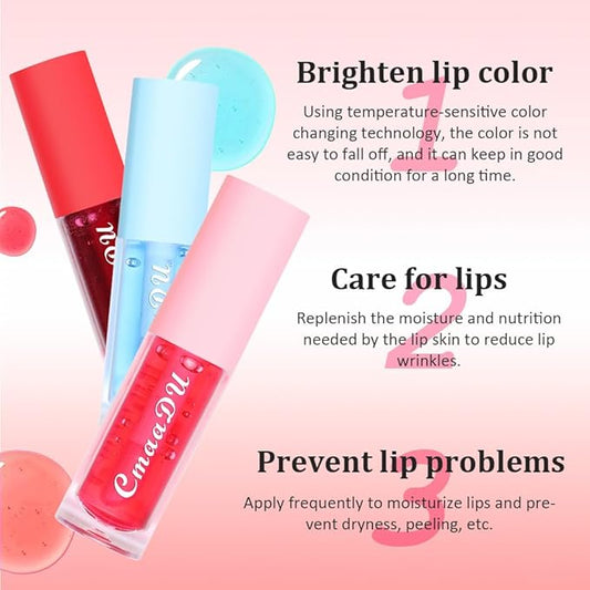 BINGBRUSH 3 Pcs Fruity Color Changing Lip Gloss for Girls, Pink Magic Mood Lip Oil Tinted, Temperature Color Change Lip Stain Lip Balm, Longlasting Lips Will Not Dry Out