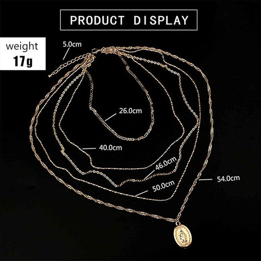 Boho Layered Oval Coin Necklace Choker Gold Virgin Mary Necklace Figaro Chain Necklace Vintage Multilayer Necklace Chain Jewelry for Women and Girls