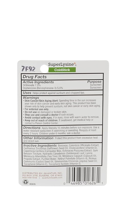Quantum Health SuperLysine+ ColdStick Lip Sunscreen|Soothes and Moisturizes Lips|Softens and Protects from the Sun|Goes on Clear|0.17 Ounce