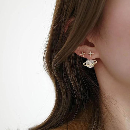 Crystal Saturn Planet Jacket Earrings Vintage Saturn Dangle Earrings Rhinestone Planet Drop Earrings Gold Cz Northstar Stud Earrings Celestial Front Back Earrings for Women Gifts
