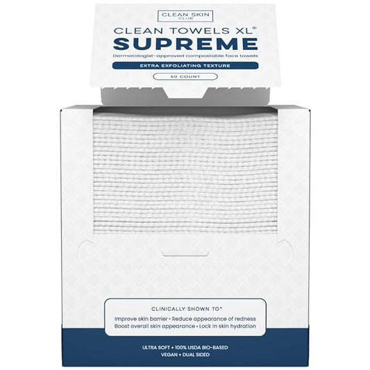 Clean Skin Club Clean Towels XL™ Supreme, 100% USDA Biobased Dermatologist Approved Face Towel, Gentle Exfoliation, Disposable Facial Washcloth, Makeup Remover Dry Wipes, 50 Count