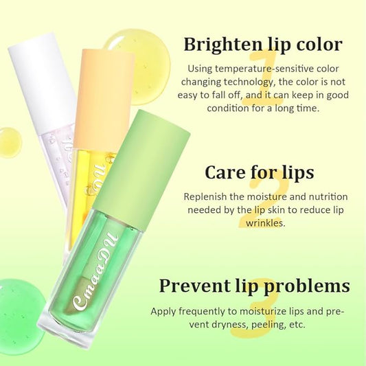 BINGBRUSH 3 Pcs Fruity Color Changing Lip Gloss for Girls, Pink Magic Mood Lip Oil Tinted, Temperature Color Change Lip Stain Lip Balm, Longlasting Lips Will Not Dry Out