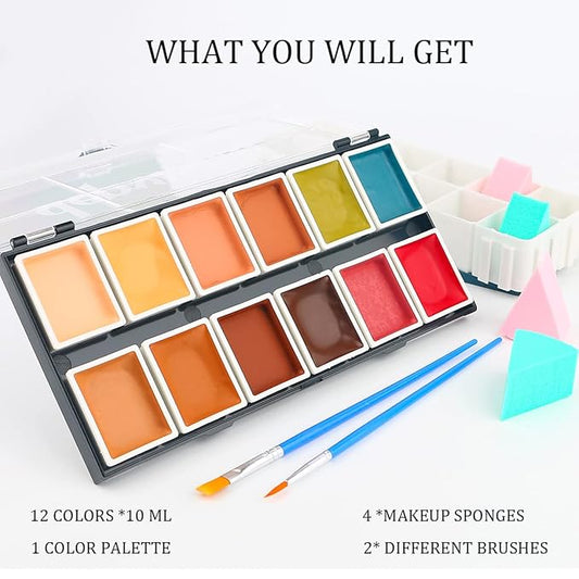 Depvision SFX 12 Color Flesh Tone Alcohol Activated Makeup Palette for Special Effects,Waterproof Skin Tone FX Makeup for Professional Makeup Artists Cosplay Halloween Theatrical Makeup