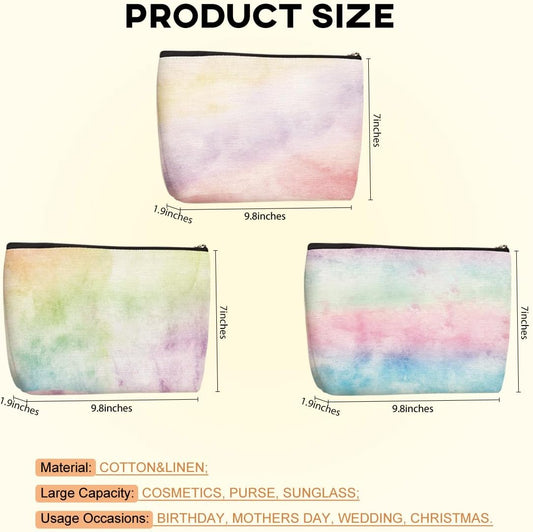3Pcs Pastel Watercolor Rainbow Makeup Bag, Cosmetic Bag, Waterproof Cute Travel Toiletry Bag Organizer Make Up Bag Mothers Day Birthday Friendship Gifts for Women Girls Coworker Sister Bestie Grandma