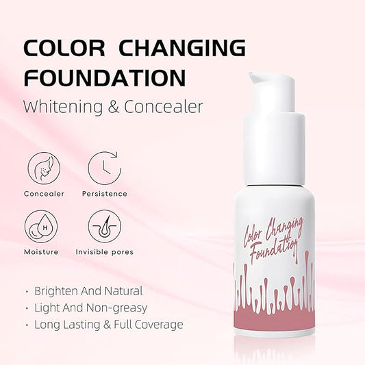 Color Changing Foundation Liquid, Skintone Matching Foundation, Full Coverage, Long Lasting, Lightweight Coverage, Oil Free and Silicon Free, Double Wear, Lightening, Sweat and Water Resistant