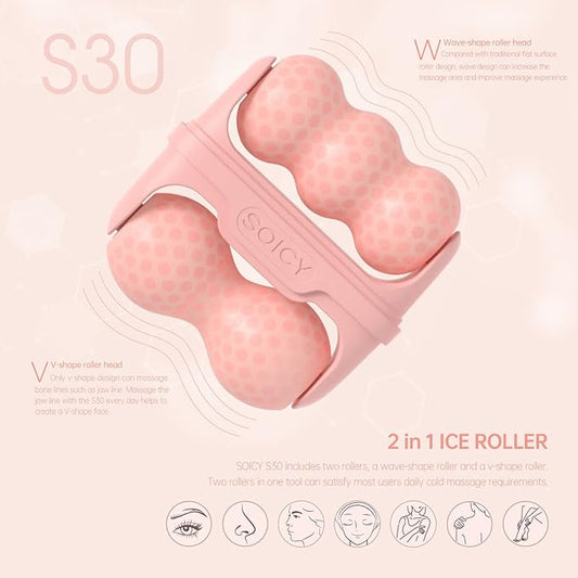 Ice Roller for Face with Gua Sha, Travel ice Roller Cold Therapy Tools, Cold Facial Ice Roller Massager for Eye Puffiness, Migraine, TMJ Pain Relief & Minor Injury (Pink)