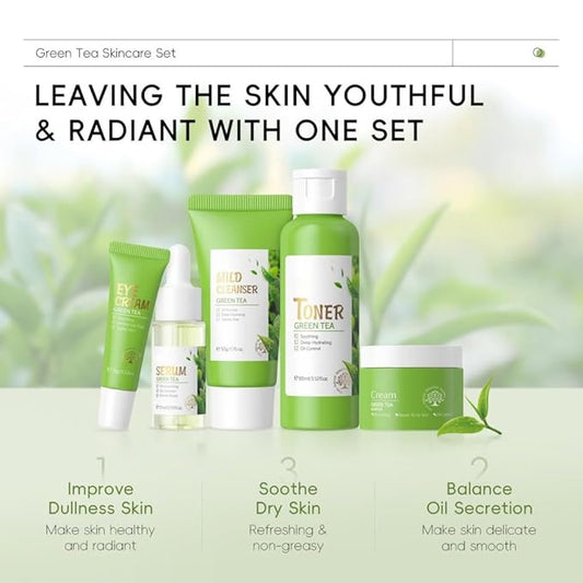 Skin Care Set, Green Tea Skin Care Sets & Kits, Skin Care for Teenage Girls Gift Set with Cleanser, Toner, Serum, Eye Cream, Facial Cream, Facial Skin Care Sets & Kits for Teenage Girls Women