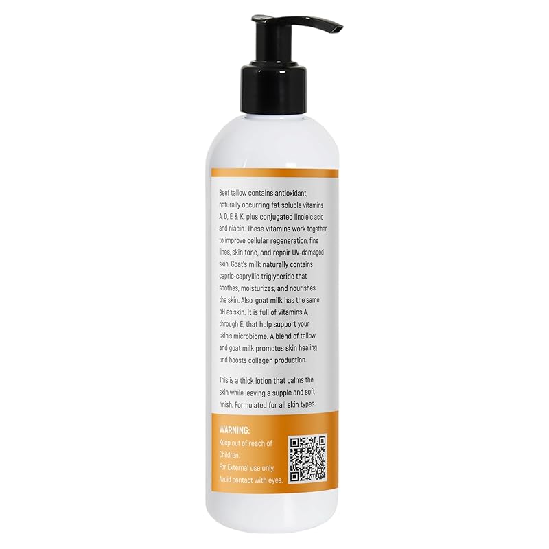 Grass Fed Beef Tallow & Goat Milk Body Lotion for Sensitive Skin, Organic Tallow Lotion - Soothes Dry Patches, Goat Milk Moisturizer - Handmade Tallow Body Lotion (UNSCENTED, 8 Oz)