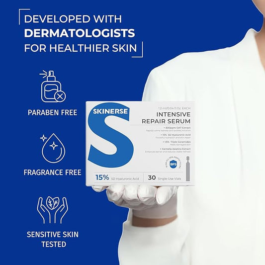 Intensive Repair Serum, 15%Hyaluronic Acid for Sensitive Skin Anti Aging Ultra Hydrating Serum for Face Calming Barrier Repair Redness Relief with Ceramides Centella 30Vials Daily Travel Care