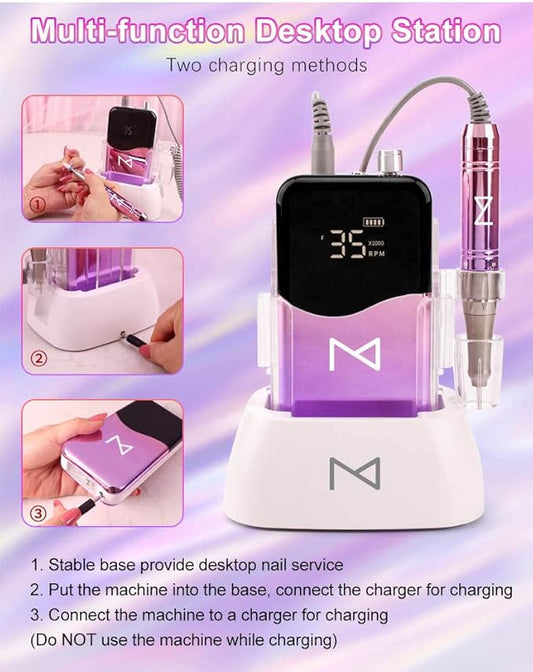 M Mase- Professional Nail Drill Machine - Coreless 2-in-1 Nail File - Electric, Cordless, 35000 RPM, HD Display - Electric Nail Drill for Professional & Home Use (Metallic Gold)