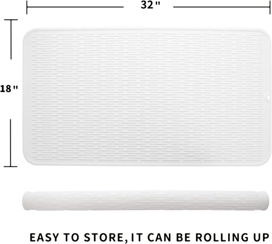 Silicone Dish Drying Mat for Multiple Usage,Easy clean,Eco-friendly,Heat-resistant Silicone Mat for Kitchen Counter or Sink,Refrigerator or Drawer Liner White 4XL 32 inches x 18 inches