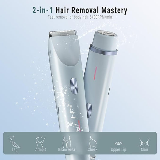 2-in-1 Bikini Trimmer and Shaver Kit for Women, Electric Body Hair Trimmer Facial Hair Removal Cordless Bikini Shaver Razor for Face Lip Chin Pubic Underarm Legs, Blue