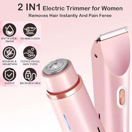 Bikini Trimmer for Women, 2 in 1 Dual Head Bikini Shaver, IPX7 Waterproof Wet and Dry Dual Use Eletctric Razors, USB-C Rechagreable Body Shaver for Public Hair, Silk Skin, Facial and Body