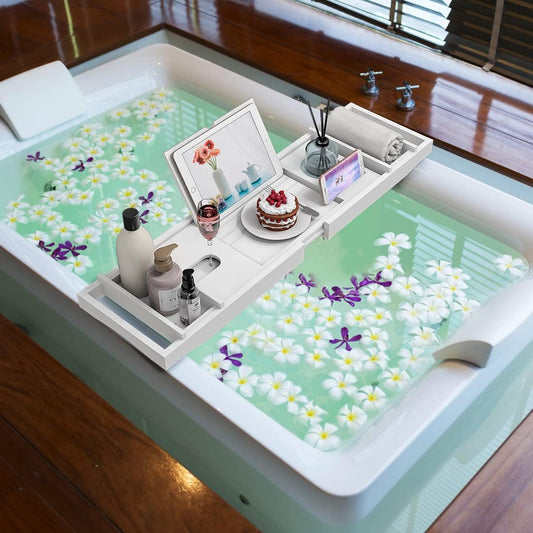 Zhuoyue Bamboo Bathtub Tray, Expandable Premium Bath Tray for Luxury Bathroom, Adjustable Bath Accessories for Tub with Soap Towel Book Holder, Extendable 29.5-43.3" White