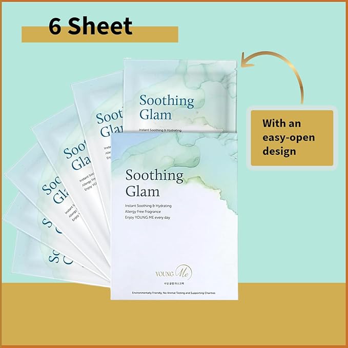 YoungMe Soothing Glam Facial Sheet Mask – 6-Pack | Hydrating & Moisturizing Korean Skin Care for Sensitive & All Skin Types